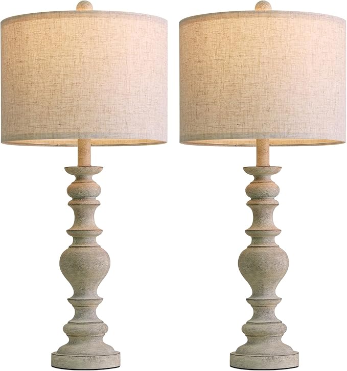 BOBOMOMO 27" Antique Gray Table Lamps Set of 2, Large Farmhouse Resin Lamps with Linen Shades, Vintage Gray Lamps for Living Room, Bedroom, or Console Table Rustic Traditional Décor - Bloomnest