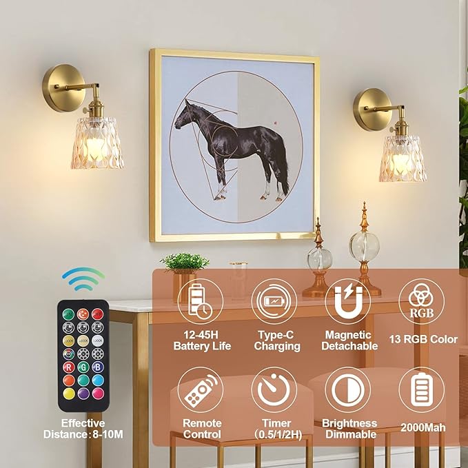 2 Pack Vintage Battery Operated Wall Sconces with Amber Glass Shade, Wireless Rechargeable RGB Wall Light, Remote Control & 180 Degree Adjustable, for Bedroom Living Room Hallway Aisle - Bloomnest