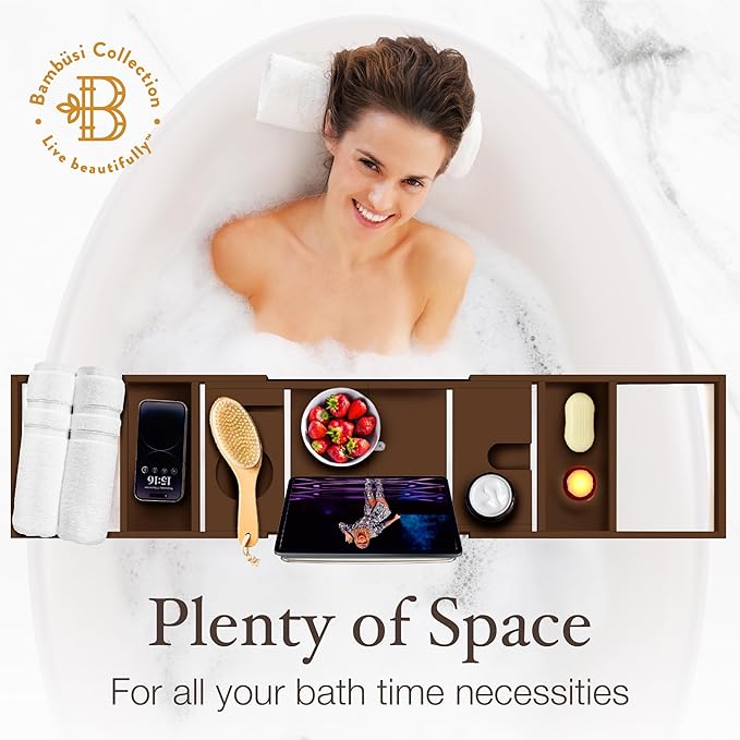Wooden Bathtub Tray - Foldable & Expandable Bamboo Bath Tray for Tub with Wine Holder, Book & Tablet Stand - Bath Caddy Tray for Bathtub, Spa Bath Accessories, Tub Tray Table, (Brown) - Bloomnest