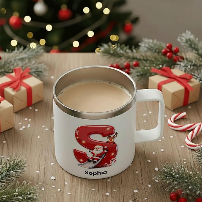 Personalized Christmas Insulated Coffee Mug with Handle – Custom Initial Letter [C] Double Wall Stainless Steel Travel Tumbler for Hot & Cold Drinks – Holiday Gift for Men,Women,&Kids(B113) - Bloomnest