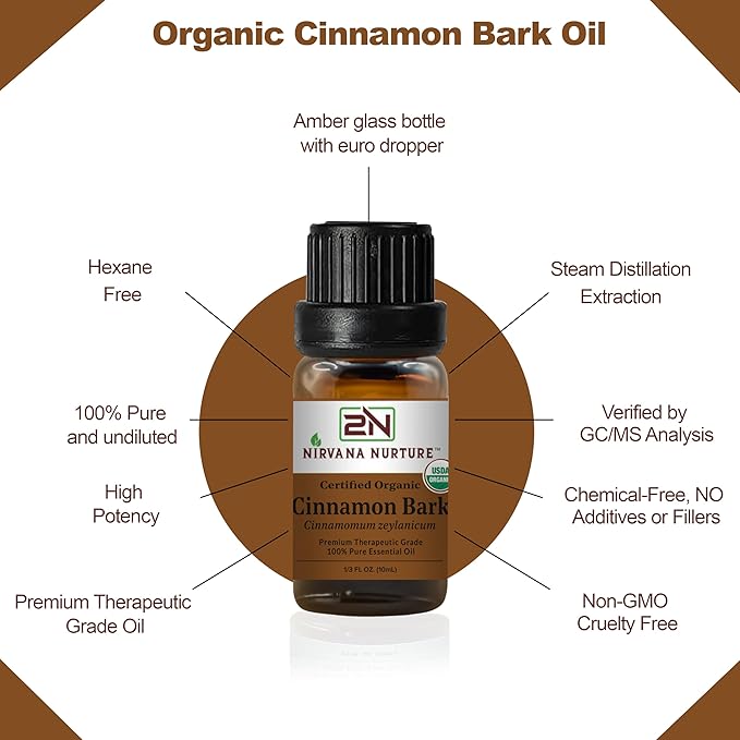 Cinnamon Bark Essential Oil, USDA Certified Organic, 100% Pure Undiluted, Aromatherapy Oil for Diffuser, Hair & Skin Care NirvanaNurture