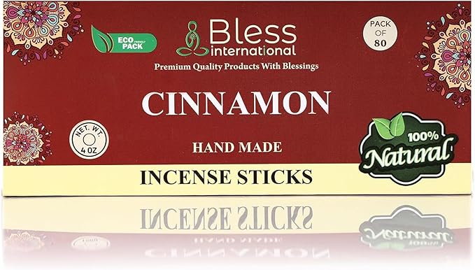 Bless-Cinnamon 100%-Natural-Handmade-Hand-Dipped-Incense-Sticks Organic-Chemicals-Charcoal-Free Purification-Relaxation-Positivity-Yoga-Meditation Best-Woods-Scent (80 Sticks (4.20 OZ)) BlessInternational