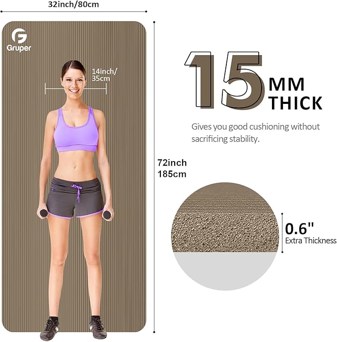 Yoga Mat Non Slip NBR Thick Yoga Mat, 72"L x 32"/24"W x 0.6"/0.4"TH (185cm x 80cm/61cm x 15mm/10mm), Anti-Tear Exercise Mat with Carrying Strap and Bag, Workout Mats for Yoga, Pilates, Floor Exercises - Bloomnest