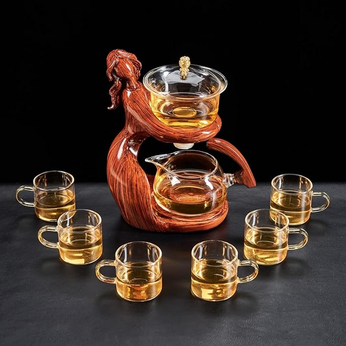 Glass Kungfu Teapot Set Tea maker with Infuser Semi Automatic Tea Set with 6 Small Cups (Red) - Bloomnest