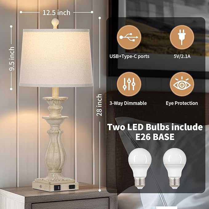 28" Farmhouse Table Lamps Set of 2 for Living Room, 3 Way Dimmable Bedside Lamp with USB C+A Ports & AC Outlet, Resin Vintage Tall Nightstand Lamps for Bedroom Office Hallway, Beige - Bloomnest