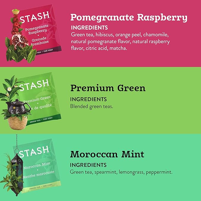 STASH Green Tea Variety Pack – Caffeinated, 6 Boxes of 18-20 Tea Bags Each – Pomegranate Raspberry, Premium Green, Moroccan Mint, Ginger Peach, Chai Green & Asian Pear Harmony - Bloomnest