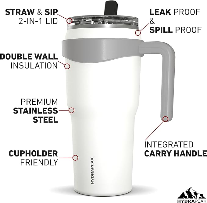 Hydrapeak Roadster 40oz Stainless Steel Tumbler Double Wall Vacuum Insulated Water Bottle With Handle And 2 in 1 Straw Lid (White) - Bloomnest