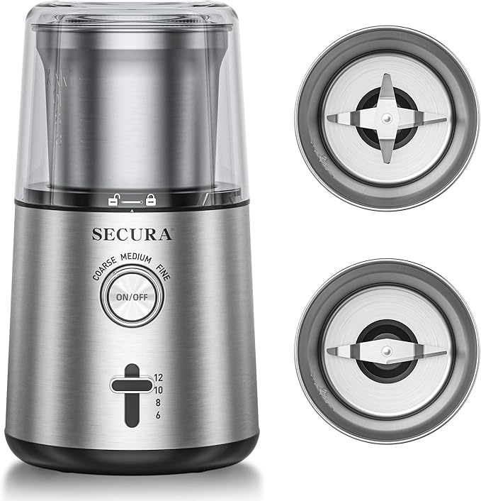 Secura Electric Coffee Grinder and Spice Grinder with 2 Stainless Steel Blades - Bloomnest