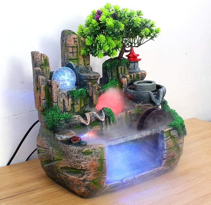 11.81" Creative Desktop Fountain Waterfall Bonsai w/LED Lights & Atomizer Tabletop Decor, Small Fish Tank Rockery Humidifier, Mini Rock Plant Artificial Bonsai Fountain Rockery for Office Home Decor - Bloomnest