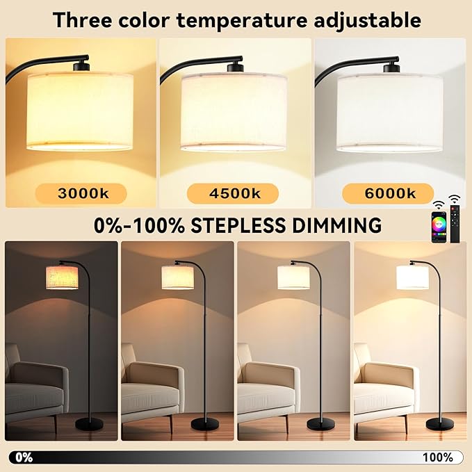 Floor Lamp for Living Room with Remote,Dimmable Tall Standing Lamps,Modern Floor Light with Smart RGB Bulb,App Control,3 Color Temperatures,Fabric Shades,Gold Floor Lamp for Bedroom Office Corner - Bloomnest