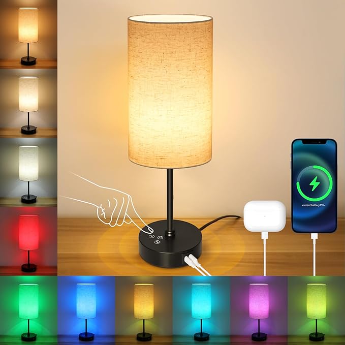 Unicozin 17Inch Table Lamp, 3 CCT 3000K/4500K/6500K & RGB Color Changing, Stepless Dimmable Bedside Lamp for Reading, Ambience Nightstand Light for Home Decor Party, Beige Shade - Bloomnest