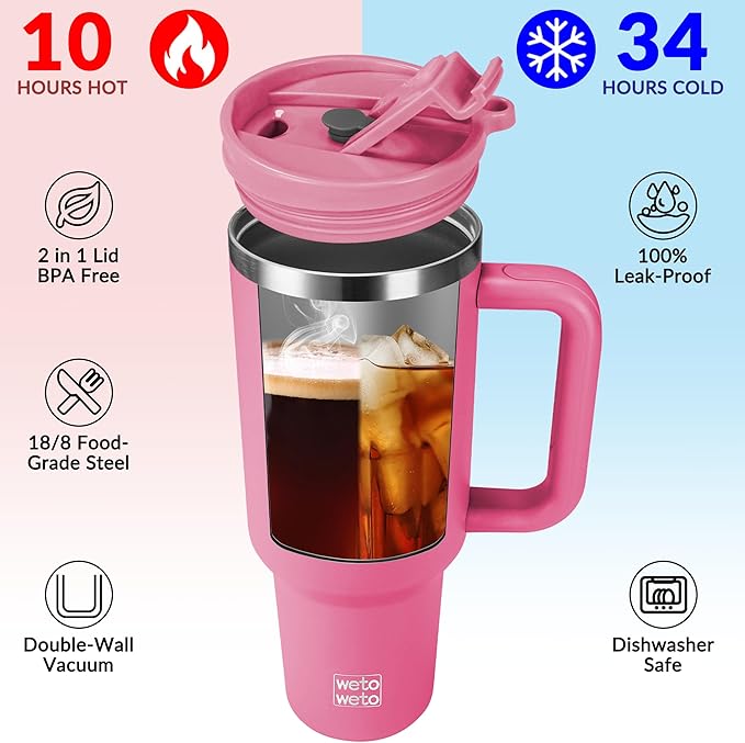 WETOWETO 40oz Tumbler with Handle | Insulated Stainless Steel Travel Mug | 34Hrs Cold & 10Hrs Hot Retention | 100% Leakproof Lid & Straw | Dishwasher Safe + Car Cup Holder Fit (Bright Pink) - Bloomnest