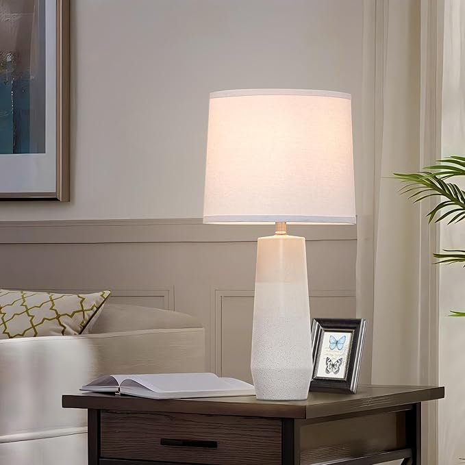 25.25" White Ceramic Table Lamps for Living Room, Ceramic White Lamps Set of 2 for Nightstand, Minimalist Beige Table Lamp Set of 2 for Bedroom, Console Reading Table Lamps - Bloomnest
