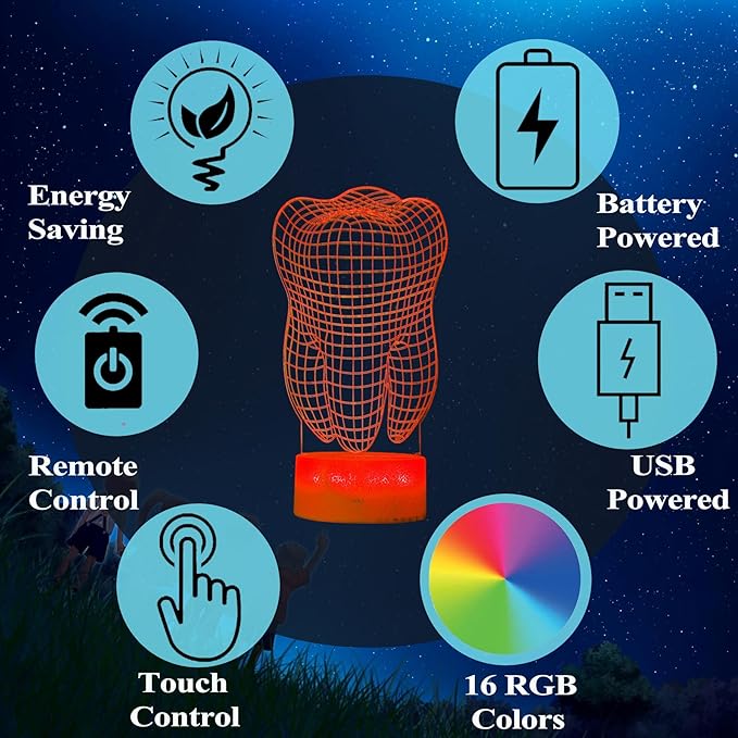 Dental Gifts, 3D Tooth Night Light, 3D Illusion Lamp, 16 Colors Changing, Remote Control, Dimmable, Living Room Decoration, Xmas Tooth Model Gifts - Bloomnest