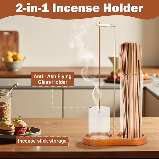 2-in-1 Incense Holder with Glass Ash Catcher, Anti-Ash Flying Incense Burner & Stick Organizer with Dark Wood Base for Meditation Yoga Spa Home Decor - Bloomnest