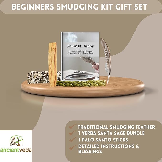 Ancient VEDA Organic Smudge Kit – Yerba Santa, Palo Santo, Sweetgrass Braid, Feather & Smudge Guide | Home Cleansing Kit for Meditation, Yoga, Energy Healing & Gift (Starter Kit, Yerba Santa Sage) AncientVeda