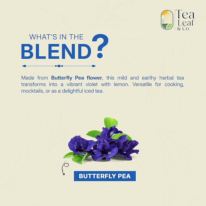 Tealeaf & Co. Butterfly Pea Herbal Tea Bags Blended with Fresh Herbs - Herbal Tea with Butterfly Pea Flower - Contains Low Caffeine - Gluten Free - 50Teabags (3.52oz/100gm) - Bloomnest