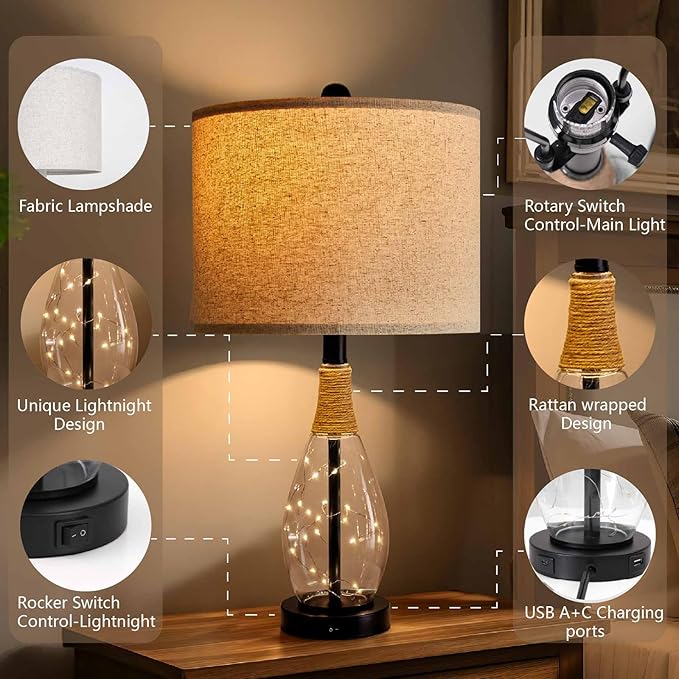 OYEARS 23" Farmhouse Table Lamps for Living Room – Set of 2 Boho Rattan Bedside Lamps with USB-C & USB-A Ports, Glass Nightlight, Dual Light Sources, Black - Bloomnest