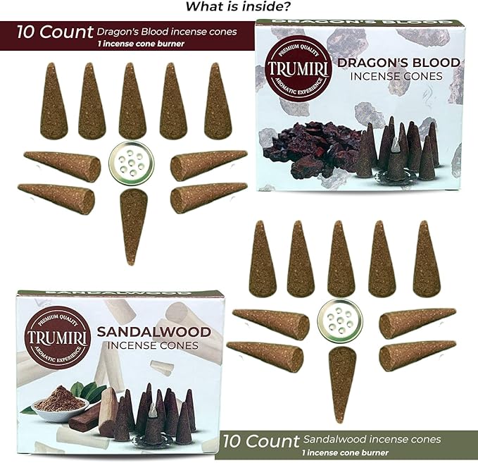 TRUMIRI Incense Cones - Combo Pack of 20 Cone Incense - 10 Dragons Blood + 10 Sandalwood - Insence Cones - Incense Cones Scented - Cone Incense Scents - Insense Cones - Incent Cone TRUMIRI