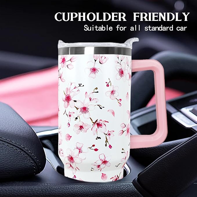 Ceovfoi 40oz Cherry Blossoms Insulated Stainless Steel Travel Tumbler with Handle, Lid and Straw, Pink Cherry Blossoms Floral Design, Perfect for Women, Adults, Home, Travel, Nursing - Bloomnest