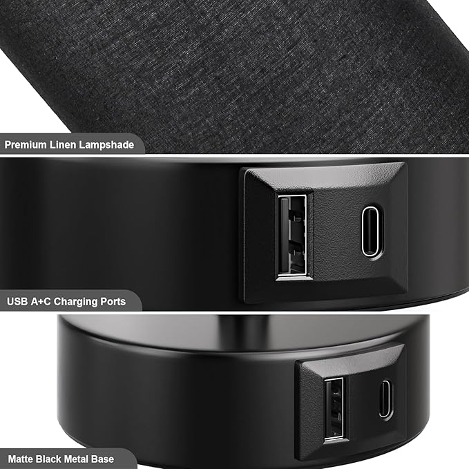 Black Bedside Lamp for Bedroom Nightstand - Small Table Lamp with USB A + C Charging Port, 3 Color Temperatures Pull Chain Night Stand Light with Bulb， Side Table Desk Reading Lamp for Living Room - Bloomnest