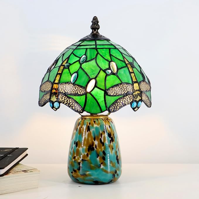 Tiffany Mushroom Table Lamp Dragonfly Style Green Stained Glass Accent Lamp Brown Blue Glass Base 8X8X12 Inch - Bloomnest