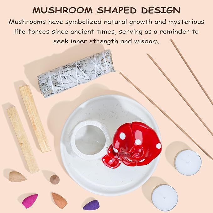 ZenBless 5 in 1 Mushroom Gifts Waterfall Incense and Candle Burner for Burning Sage, Palo Santo, Incense Sticks Backflow Cones,Candle Ceramic Backflow Cone Holder Spiritual Meditation Yoga ZenBless