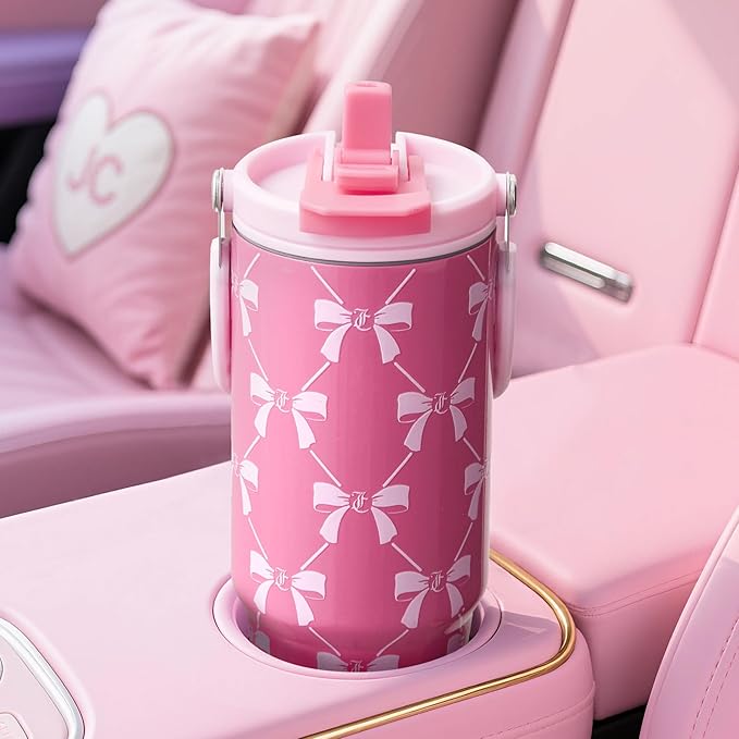 Juicy Couture Flip Fusion Hydration 40oz Stainless Steel Tumbler with Flip Handle, Pink Bows - Bloomnest