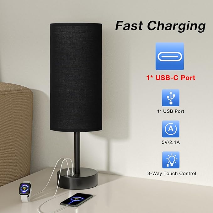 Black Touch Nightstand Lamps for Girl - Small Bedside Lamp with USB-C and USB Charging Ports, 3 Way Dimmable Control Table Lamp for Living Room Office, Dorm, Reading with Fabric Shade Black Base - Bloomnest