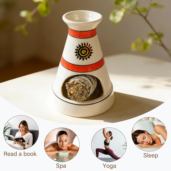 Handcrafted Sun Totem Ceramic palo santo sticks holder with - Tent-Shape Mini chiminea for Sage, Incense Cones & Smudging Rituals -Thoughtful Gifts for Yoga, Meditation, Ash, Zen, Aromatherapy MOUGIGI