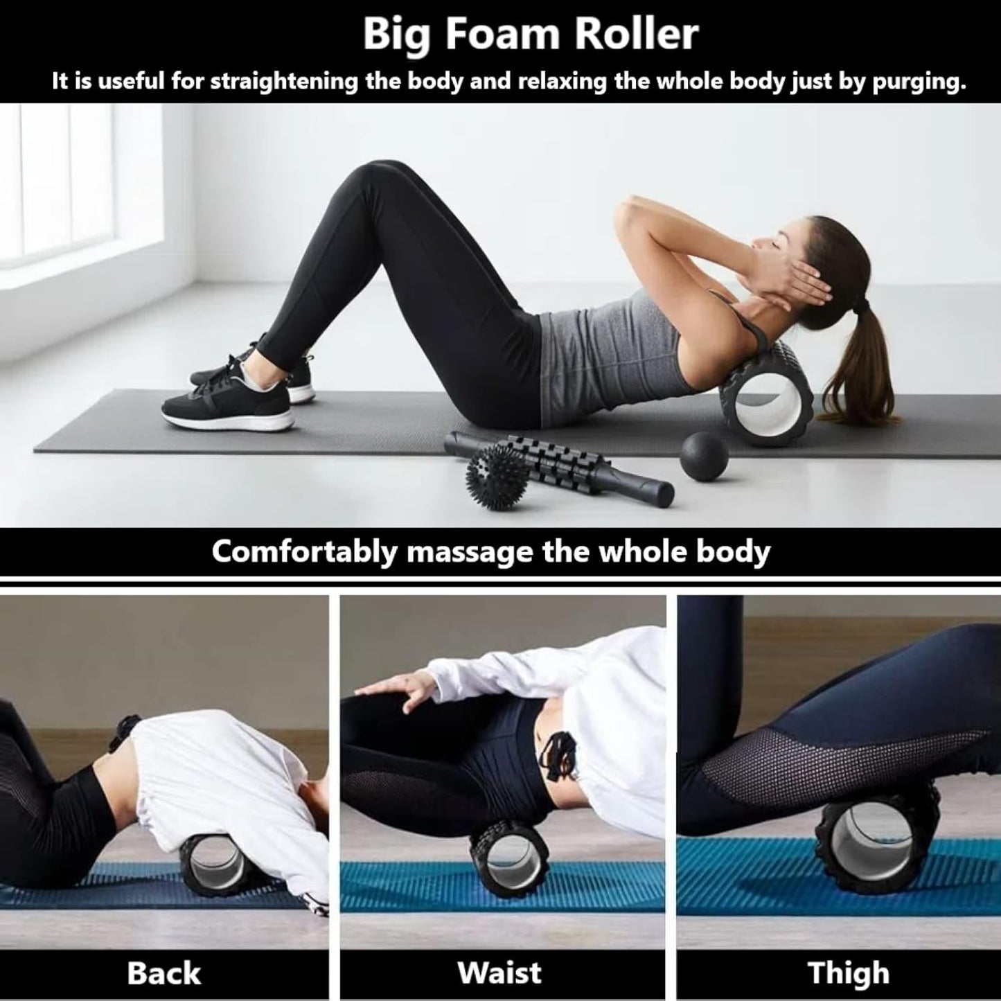 6 in 1 Foam Roller Set Includes Hollow Core Massage Roller, Yoga Stick, Massage Ball, Fitness Stretching Strap, Carrying Bag, Towel, Massage Roller (Black)