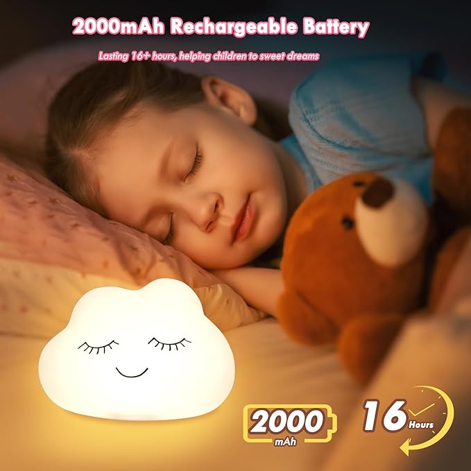 Night Light for Kids, 7 Colors Soft Silicone Kids Night Light with 3 Level Dimmable, Rechargeable Anti-glare Nursery Night Light with Warm White & Multicolor, Squishy Cute Cloud Bedside Touch Lamp - Bloomnest