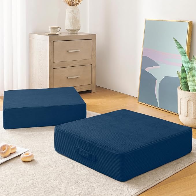 Wellsin Solid Square Floor Pillows for Adults Kids - Large Meditation Floor Pillow Seating Cushion with Thick Foam & Washable Velvet Cover, 2 Pack, 22x22x5 Inch, Dark Blue - Bloomnest