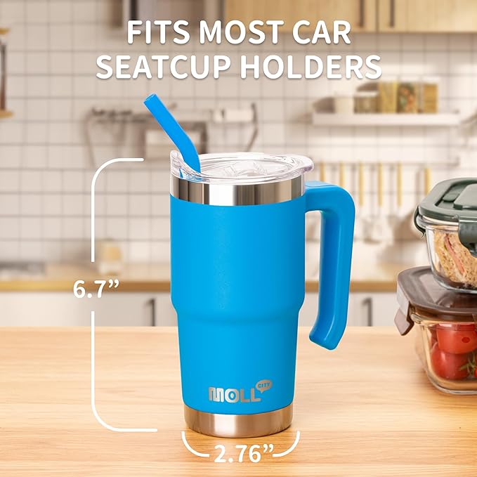 16 oz Tumbler with Straw Stainless Steel Double Wall Vacuum Insulated Coffee Cup with Lid and Handle-Reusable Travel Mug for Women, Girls(Sky Blue) - Bloomnest