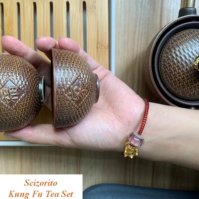 Ceramic Portable Travel Tea Set, Chinese Kungfu Tea Set with 360 Rotation Teapot and Infuser, 4 Tea Cups, Tea Tray And Travel Bag (Wood Color Weave)