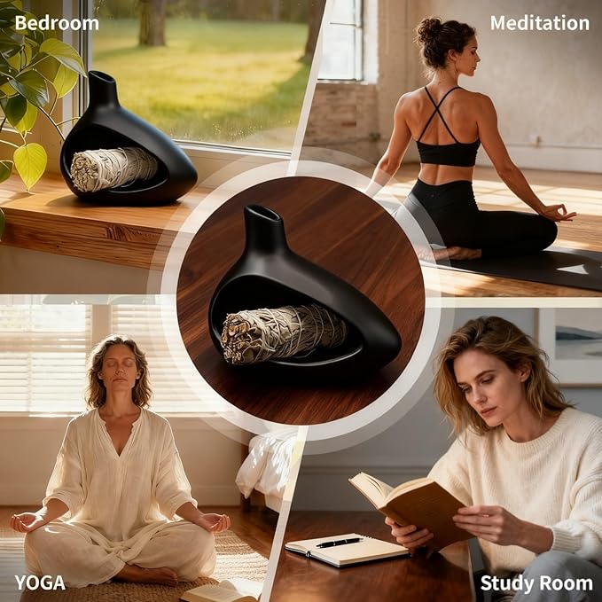 Palo Santo Holder, Ceramic Incense Burner for Sticks Sage Holders Cone Burning Smudge Bowl with Ash Brush for Meditation Yoga Spa Room Decor (Black) - Bloomnest