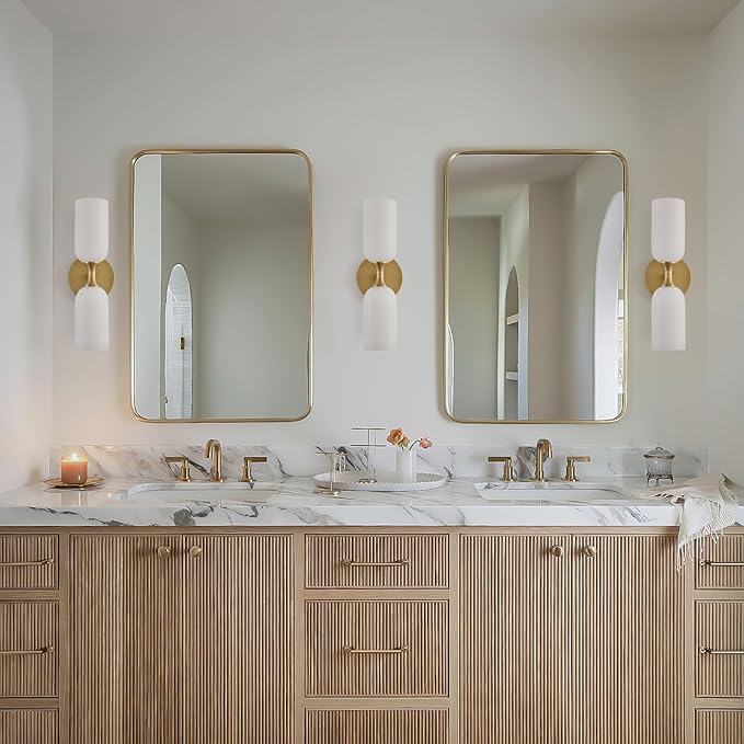 Vintage Alabaster Brass Wall Sconce: Antique Spanish Natural Marble Modern Vanity Wall Lights - 14" Cylinder Retro Brushed Gold Sconces - Indoor Sconce for Bathroom Bedroom Stair Hallway Living Room - Bloomnest
