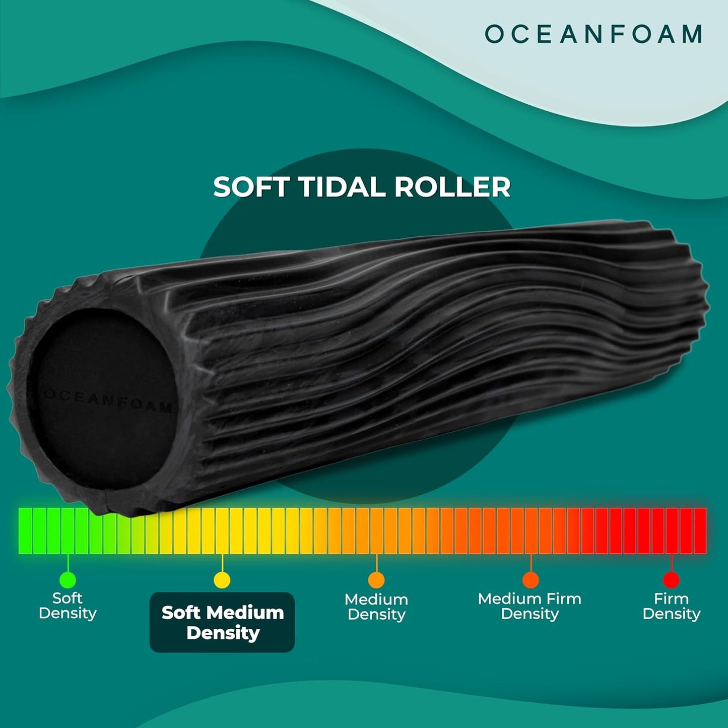 Oceanfoam Soft Tidal Roller (Black & Charcoal Marbled) - Low Density Foam Roller for Physical Therapy, Back Pain, Exercise & Stretching - Wave Textured - Yoga & Wellness - Full Size, 20" x 5"