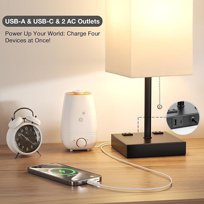 aooshine White Table Lamp for Bedside - 3 Color Temperature 3000K 5000K 4000K Bedroom Lamp, Pull Chain Control, USB A and C Ports, AC Outlets, Bulb Included, Medium - Bloomnest