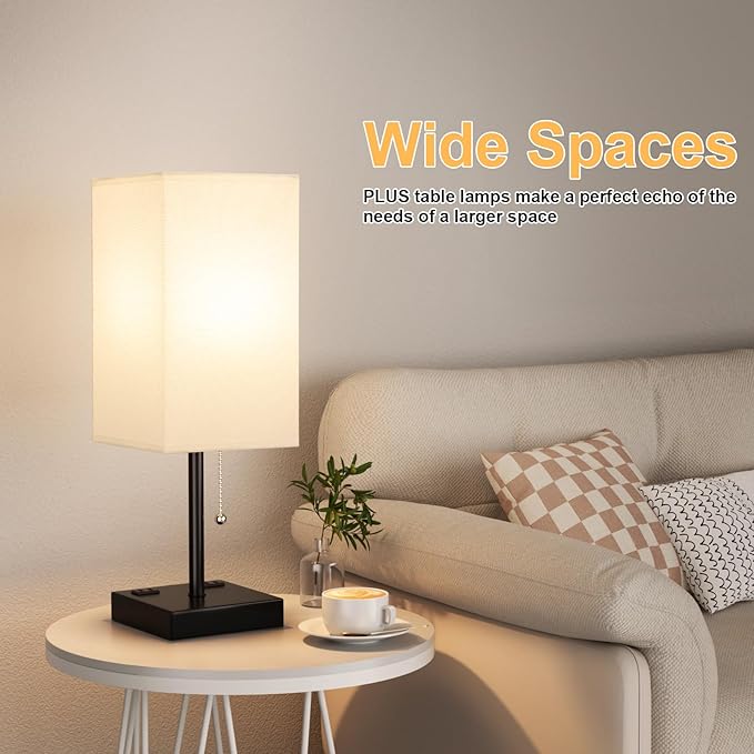 Plus Bedside Table Lamps Set of 2 - White Bedroom Lamps with 3 Colors, Square Nightstand Lamp with USB C + A Charging Ports and 2 AC Outlets, Pull Chain Night Light for End Table - Bloomnest
