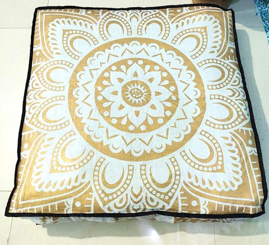 24" White Gold Flower Mandala Barmeri Large Floor Pillow Cover Cushion Meditation Seating Ottoman Throw Cover Hippie Decorative Zipped Bohemian Pouf Ottoman Pom Pom Cases 24 " square - Bloomnest