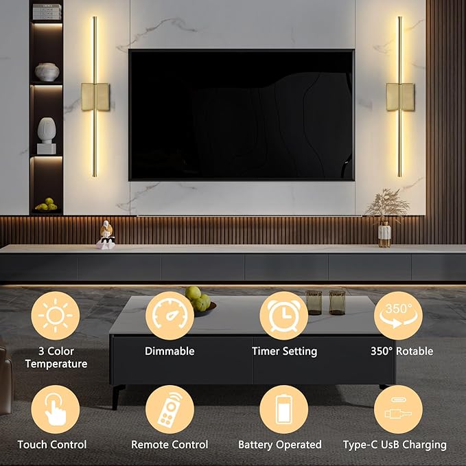 Wall Sconces Battery Operated, Wall Sconces 3000K-6000K Dimmable Rechargeable Wall Sconce with Remote Control, 350°Rotate LED Wireless Wall Lights for Living Room, Hallway, Bedroom (Gold) - Bloomnest