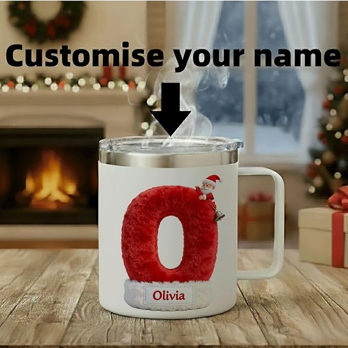 Personalized Santa Hat Mug | Custom Initial Insulated Christmas Coffee Cup with Handle & Lid | 12oz Holiday Tumbler, Cute Stocking Stuffer Gift for Kids & Family (B13) - Bloomnest