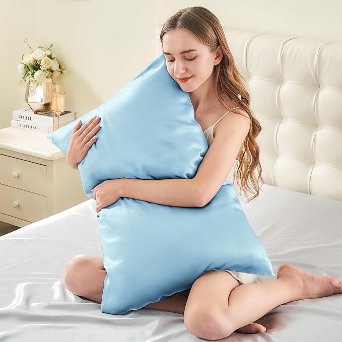 INFIIXSO Silk Pillow Cases 2 Pack Standard Size, Ultra Smooth & Soft Mulberry Silk Pillow Case for Hair and Skin, Breathable Cooling Silk Pillowcase with Hidden Zipper (Light Blue, 20x26 Inches) - Bloomnest