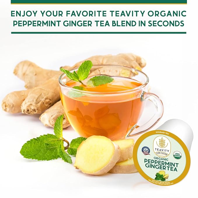 Organic Ginger Tea Pods for Keurig with Organic Peppermint Tea - Decaf Tea for K Cup Brewing Peppermint Ginger by Teavity (12 Tea Pods) - Bloomnest