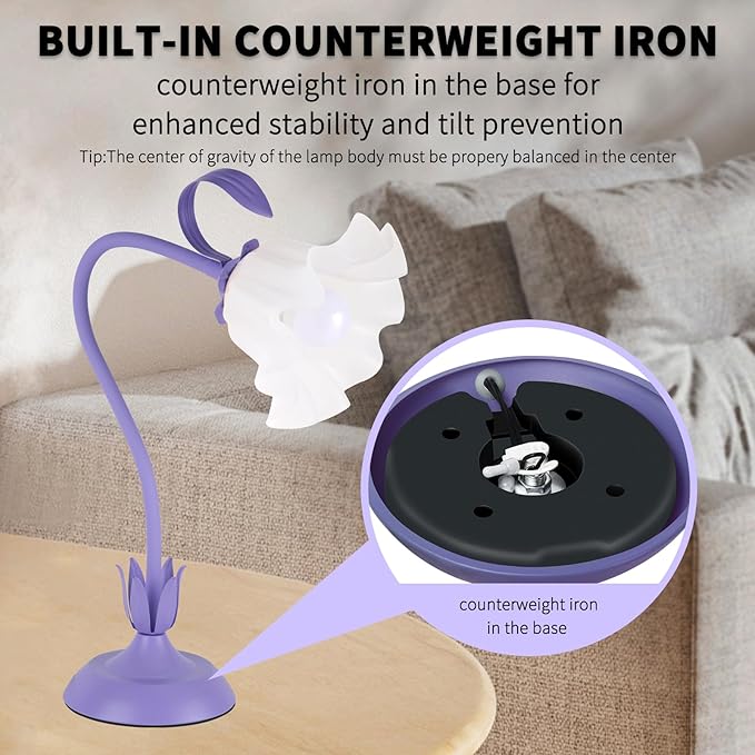 Cute Flower Desk Lamp, 3 Color Temperature Table Lamp with LED Bulb, Vintage Bedside Lamps, Reading Lamps with Soft Light for Bedroom, Living Room（Purple） - Bloomnest