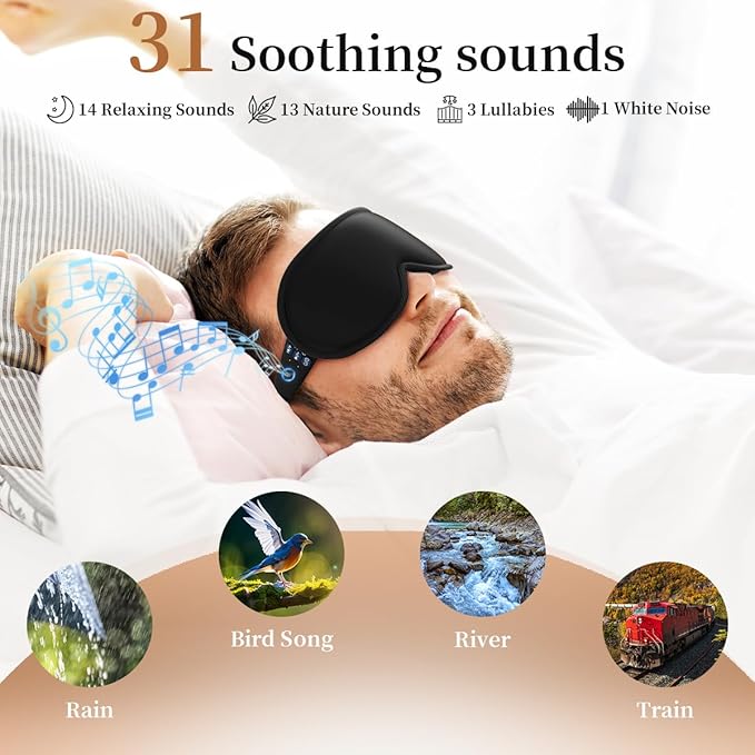 Easysleep 3D Sleep Mask Sleep Headphones White Noise Sleep Eye Mask with 31 Soothing Sounds 3 Timer Soft Adjustable Light Blocking Eye Cover Long Playtime for Sleeper Men Women Travel Gift - Bloomnest