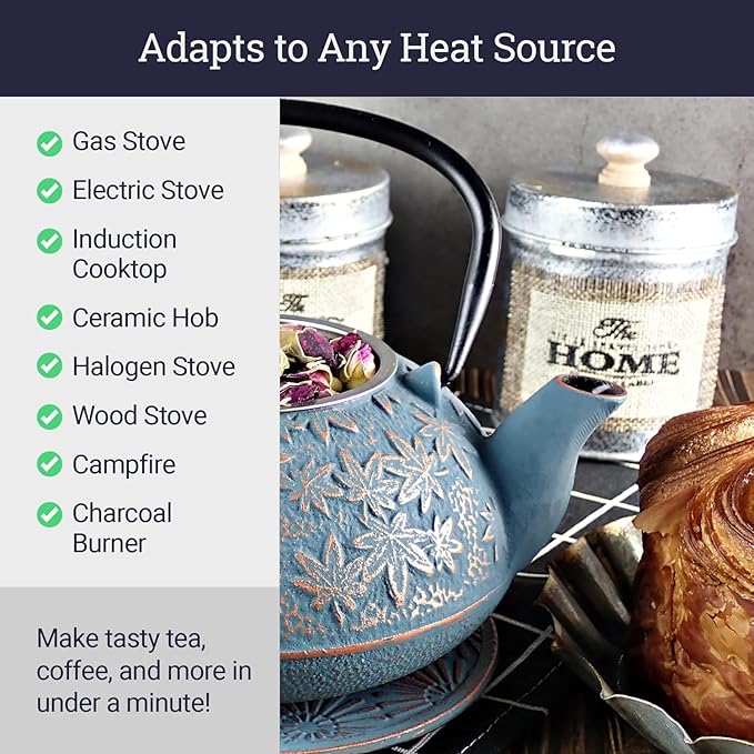 Large Japanese Cast Iron Teapot Capacity 40Oz with Trivet and Loose Leaf Tea Infuser, Cast Iron Tea Kettle Stovetop Safe. Tetsubin Coated with Enamel Interior - Blue Teapot