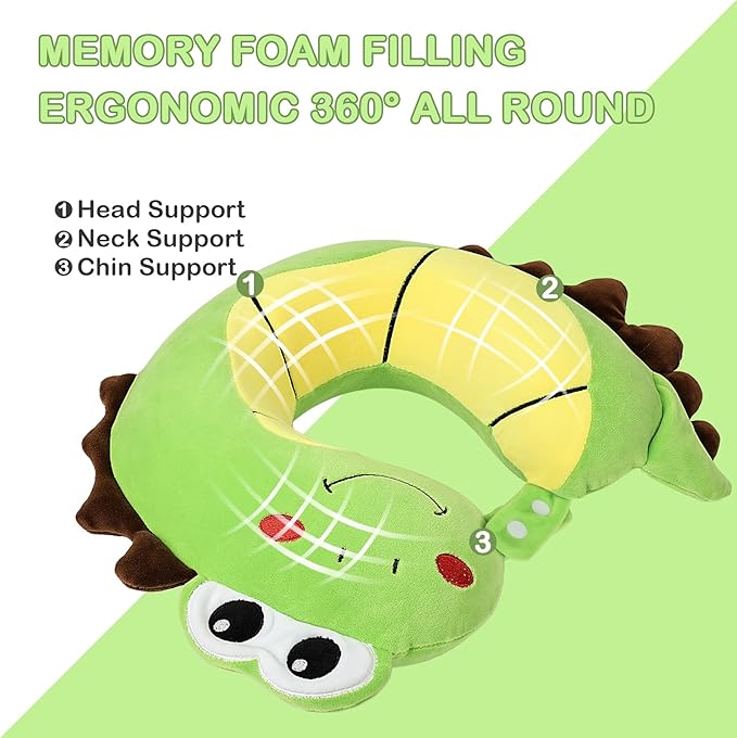 Kids Travel Pillow, Cute Dinosour Memory Foam Neck Pillow with Travel Bag, Soft Adjustable Airplane Pillow for Chin Support, Headrest- Green - Bloomnest
