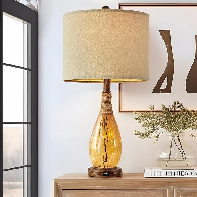 OYEARS 23" USB A+C Table Lamp for Bedroom Living Room Modern Bedside Lamps Retro Farmhouse Rattan Glass Nightstand Nightlight Lamps (Amber),Two Light Points - Bloomnest